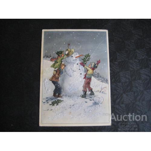 Новогодняя открытка 1940-1950гг. Германия ГДР Цербст 1956 Снеговик Дети Оригинал
