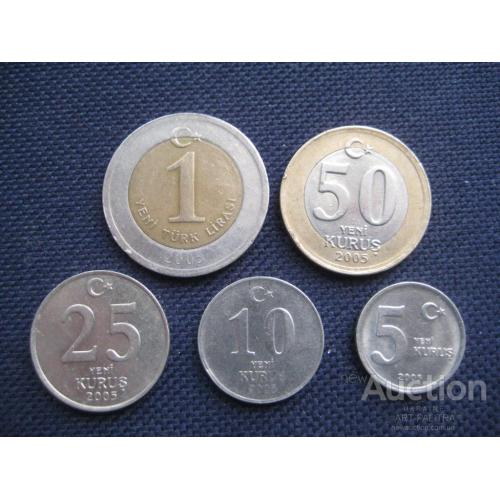 Турция Пять монет 2005 Лира Куруш Биметалл Медный никель Оригинал