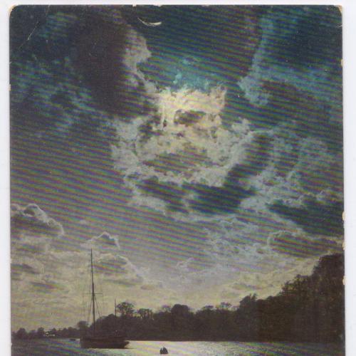 Старинная открытка. Ночь.Луна.Река.Яхта