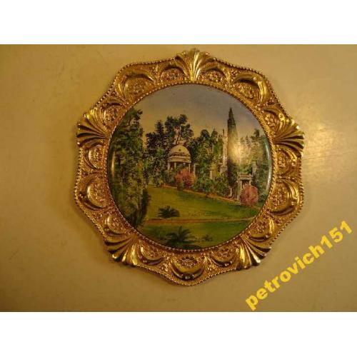 Панно Плакетка Настенная тарелка Пейзаж Беседка Эмаль Ленэмальер СССР