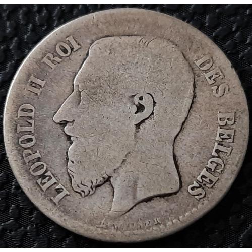 Бельгия 1 франк 1869 год Серебро 835, вес 5 гр. РЕДКАЯ!!! №к193