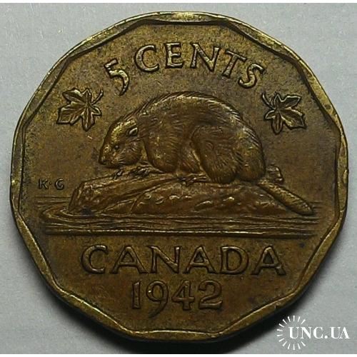 Канада 5 центов 1942 год, РЕДКАЯ РАЗНОВИДНОСТЬ ЛАТУНЬ!!