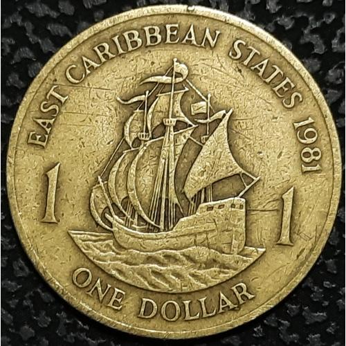 Карибы 1 доллар 1981 год латунь. ПАРУСНИК! №п132