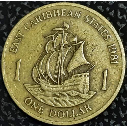 Карибы 1 доллар 1981 год латунь. ПАРУСНИК!  №с497