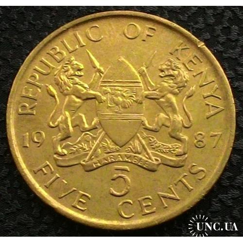 Кения 5 центов 1987 год Латунь, дм. 25,5 мм, вес 5,6 г №а342