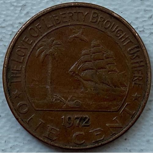 Либерия 1 цент 1972 год ПАРУСНИК!!!! №с534