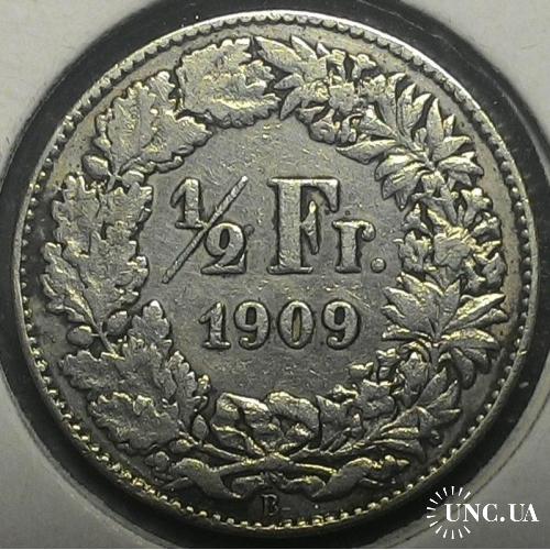 Швейцария 1/2 франка 1909 год Не частая!! серебро!!