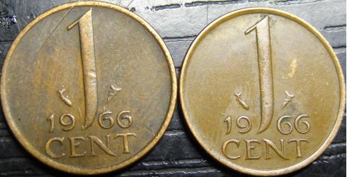 1 цент Нідерланди 1966 (два різновиди) велика і мала дати