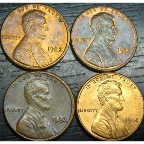 1 цент США 1982 (чотири різновиди) цинк і латунь, великі і малі дати