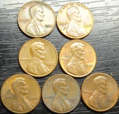 1 цент США 1982 (сім різновидів) цинк і латунь, великі і малі дати