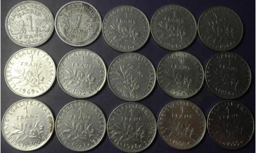 1 франк Франція (порічниця) 15шт, всі різні