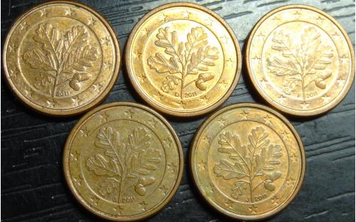 1 євроцент 2011 Німеччина (всі монетні двори), 5шт, всі різні