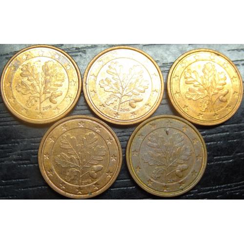 1 євроцент 2018 Німеччина (всі монетні двори), 5шт, всі різні