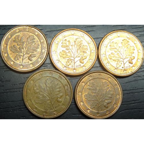 1 євроцент 2018 Німеччина (всі монетні двори), 5шт, всі різні