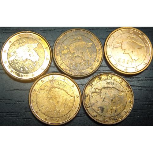 1 євроцент Естонія (порічниця), 5шт, всі різні