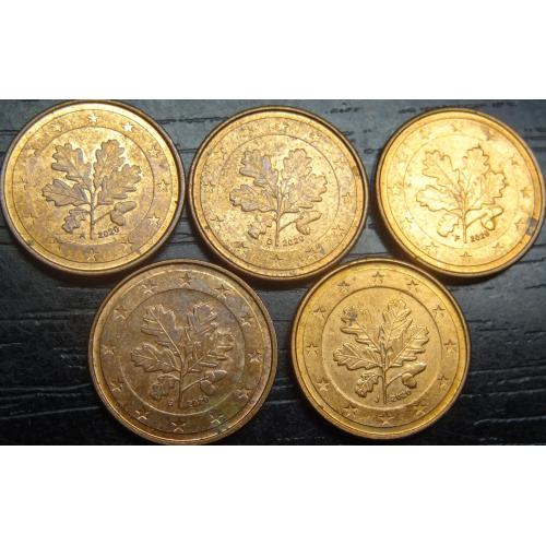 1 євроцент Німеччини 2020 (всі монетні двори) нечасті