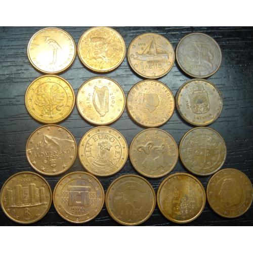 1 євроцент різних країн Євросоюзу (комплект), 17шт, всі різні