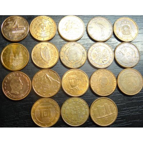 1 євроцент різних країн Євросоюзу (комплект), 18шт, всі різні