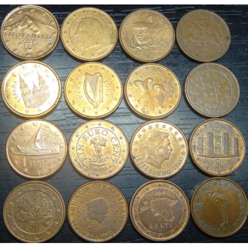 1 євроцент різних країн Євросоюзу (комплект), 16шт, всі різні