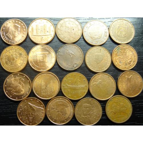 1 євроцент різних країн Євросоюзу (комплект), 19шт, всі різні