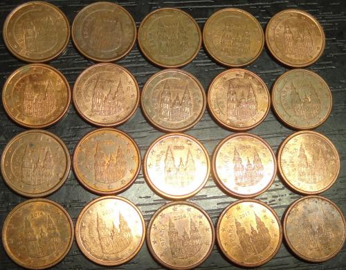 1 євроцент Іспанія (порічниця), 20шт, всі різні