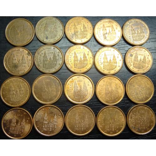 1 євроцент Іспанія (порічниця) 20шт, всі різні