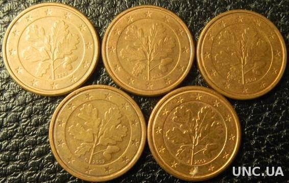 1 євроцент 2002 Німеччини (всі монетні двори)