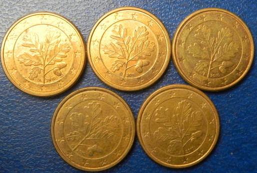 1 євроцент 2010 Німеччина (всі монетні двори), 5шт, всі різні