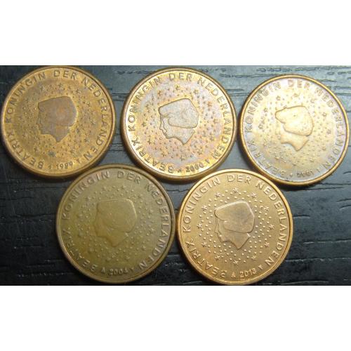 1 євроцент Нідерланди (порічниця) 5шт, всі різні