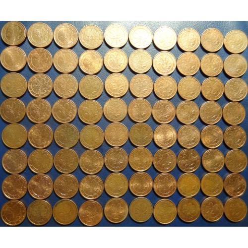 1 євроцент Німеччина (порічниця) 80шт, всі різні