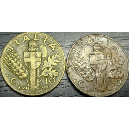 10 чентезімо 1939 Італія (два різновиди) мідь і бронза