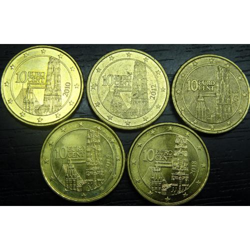 10 євроцентів Австрія (порічниця) 5шт, всі різні