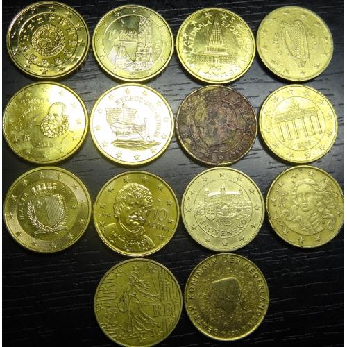 10 євроцентів різних країн Євросоюзу (комплект), 14шт, всі різні