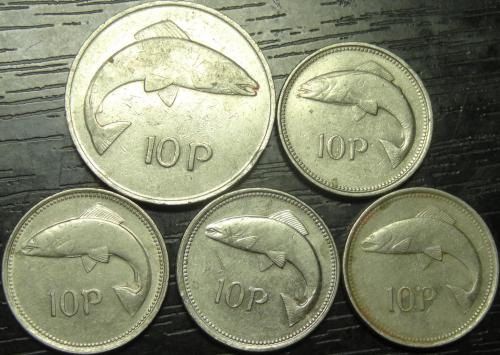 10 пенсів Ірландія (порічниця) 5шт, всі різні