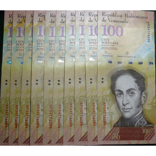 100 боліварів 2015 UNC Венесуела 10шт (номери підряд)