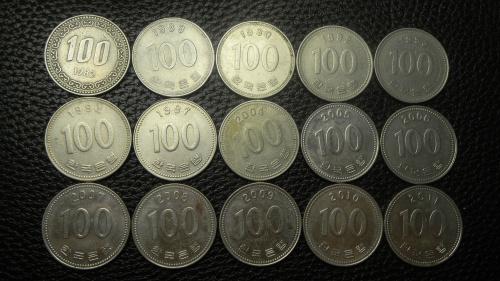 100 вон Південна Корея (порічниця) 15шт, всі різні