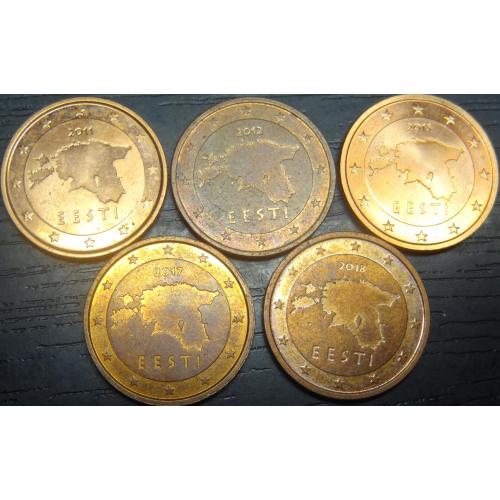 2 євроцента Естонія (порічниця), 5шт, всі різні