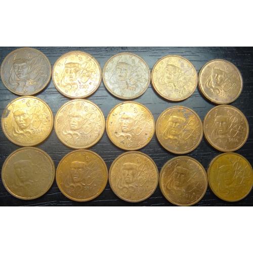 2 євроцента Франція (порічниця), 15шт, всі різні
