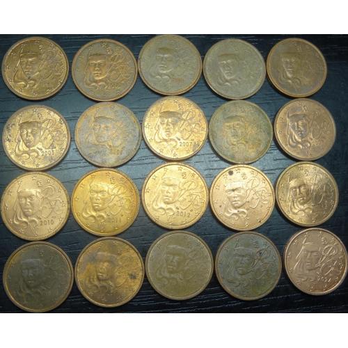 2 євроцента Франція (порічниця), 20шт, всі різні