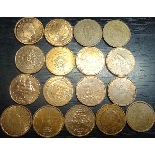  2 євроцента різних країн Євросоюзу (комплект), 17шт, всі різні