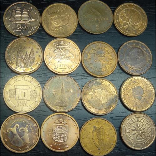  2 євроцента різних країн Євросоюзу (комплект), 16шт, всі різні