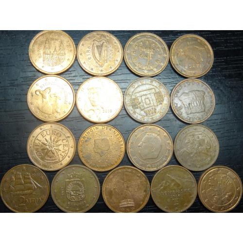 2 євроцента різних країн Євросоюзу (комплект), 17шт, всі різні