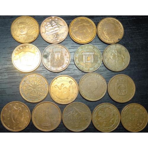 2 євроцента різних країн Євросоюзу (комплект), 17шт, всі різні