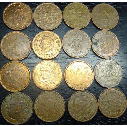 2 євроцента різних країн Євросоюзу (комплект), 16шт, всі різні
