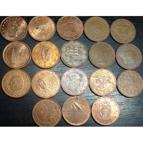 2 євроцента різних країн Євросоюзу (комплект), 18шт, всі різні