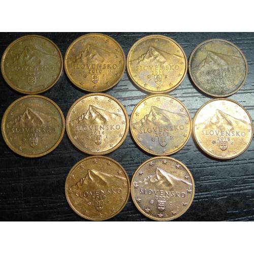 2 євроцента Словаччина (порічниця) 10шт, всі різні