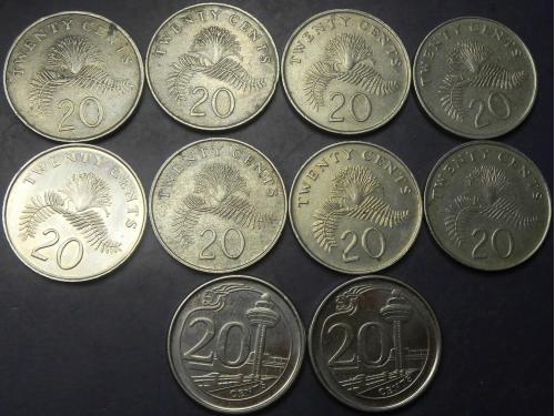20 центів Сінгапур (порічниця) 10шт, всі різні