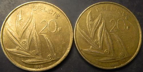 20 франків 1993 Бельгія (два різновиди)