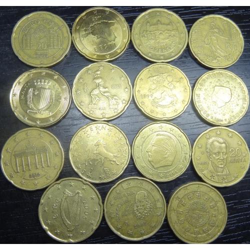 20 євроцентів різних країн Євросоюзу (комплект), 15шт, всі різні
