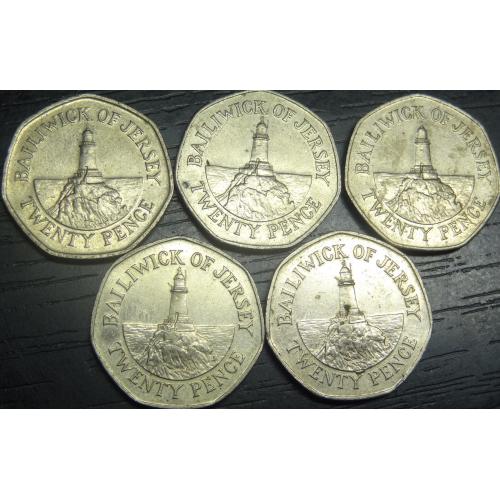 20 пенсів Джерсі (порічниця), 5шт, всі різні